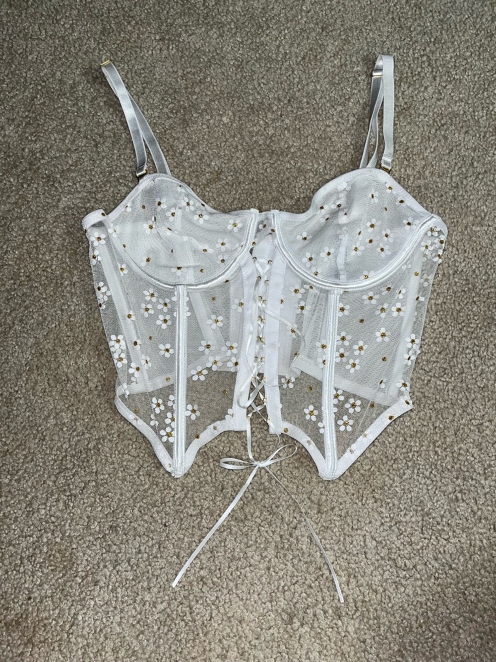 White Floral Mesh Lace-Up Bustier Corset Top